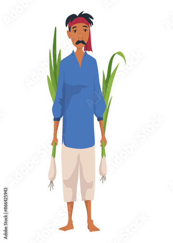 Indian farmer. India village cheering character working or bangladesh people. Village rural character worker. Rural business and village concept. Vector illustration