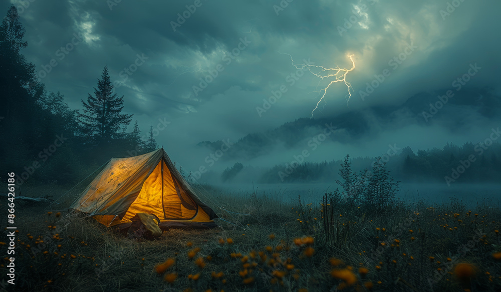 A small tent is set up in a field with a storm in the background. The sky is dark and cloudy, and there is a lightning bolt in the distance. A small tent is set up in a field with a storm in the background. The sky is dark and cloudy, and there is a lightning bolt in the distance.