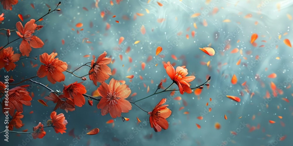 Delicate Red Sakura Petals in a Dreamy Misty Atmosphere Delicate Red Sakura Petals in a Dreamy Misty Atmosphere