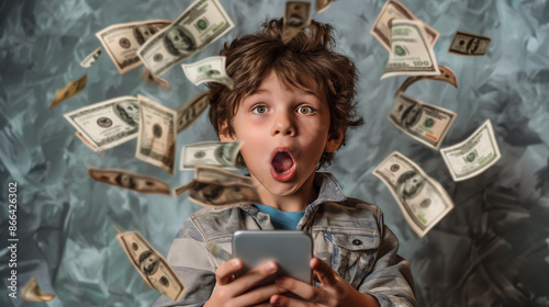 Young boy amazed by digital money flurry from smartphone. Earning money using the internet. photo