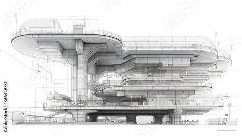 Cross-section CAD drawing of a huge brutalist train station, with multiple tracks and platforms, white background, technical blueprint