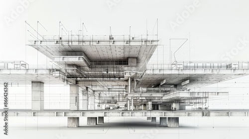Cross-section CAD drawing of a huge brutalist train station, with multiple tracks and platforms, white background, technical blueprint