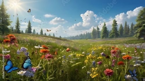 A serene meadow filled with wildflowers and butterflies 