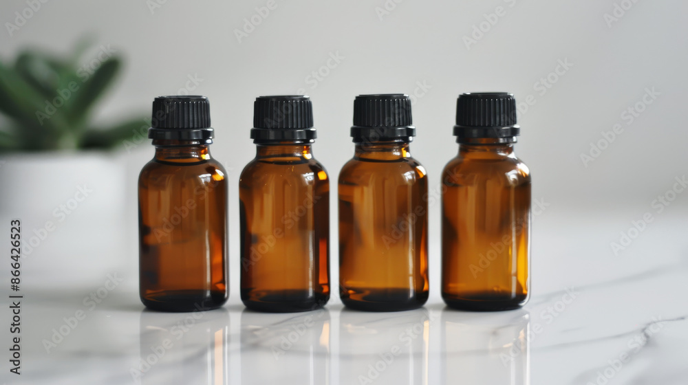 Four amber glass bottles with black caps sit on a white surface, ready to store your liquids or powders safely and securely. Four amber glass bottles with black caps sit on a white surface, ready to store your liquids or powders safely and securely.