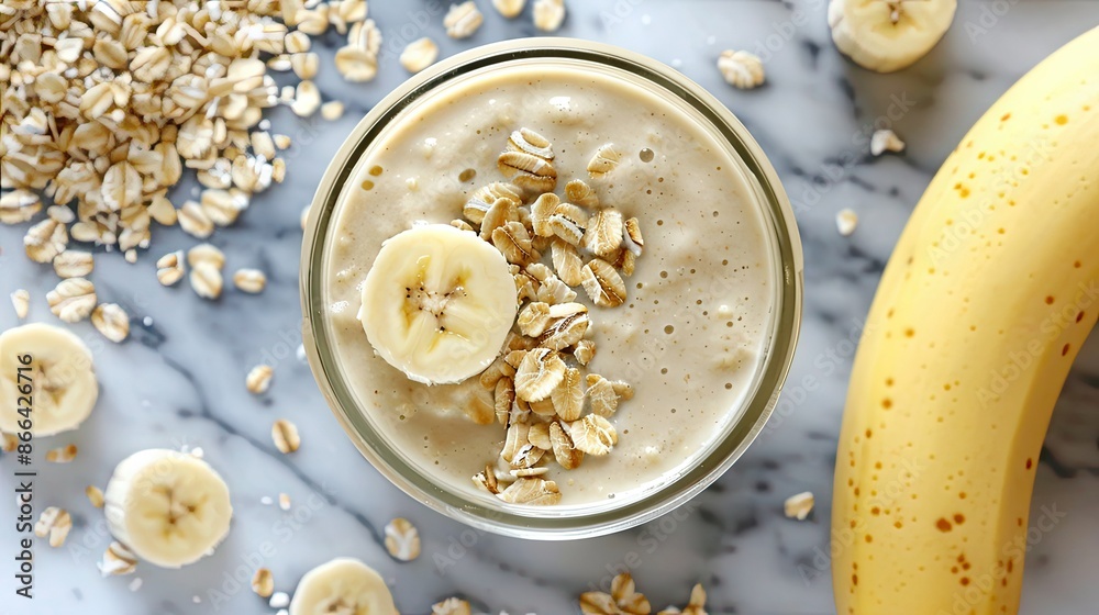 Wholesome banana oat smoothie in a glass jar, surrounded by rolled oats and fresh banana pieces