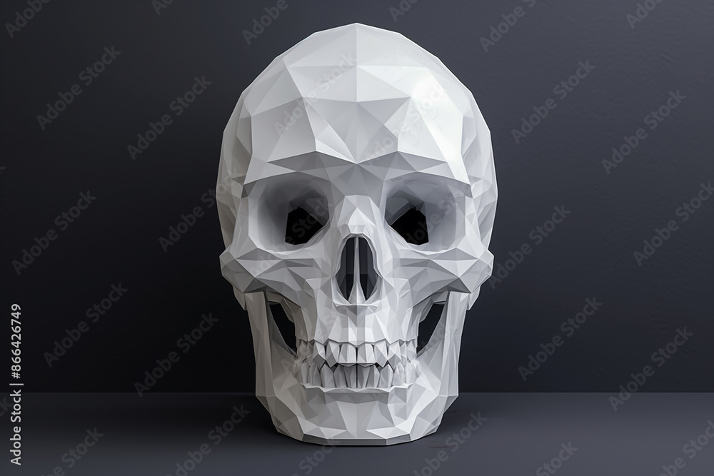 Low polygon model of white human skull on black background.
