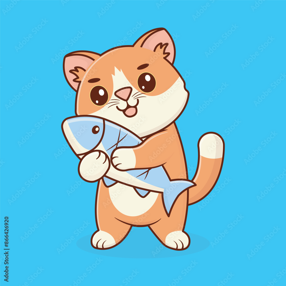 Fototapeta premium Cat Hugging Fish Character