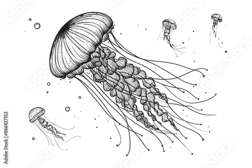 Jellyfish, marine underwater animal. Continuous line drawing. Vector illustration.