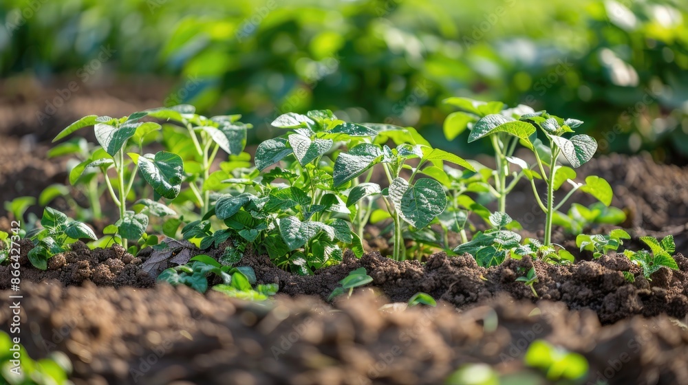 Growing potato plants in organic garden field Growing potato plants in organic garden field