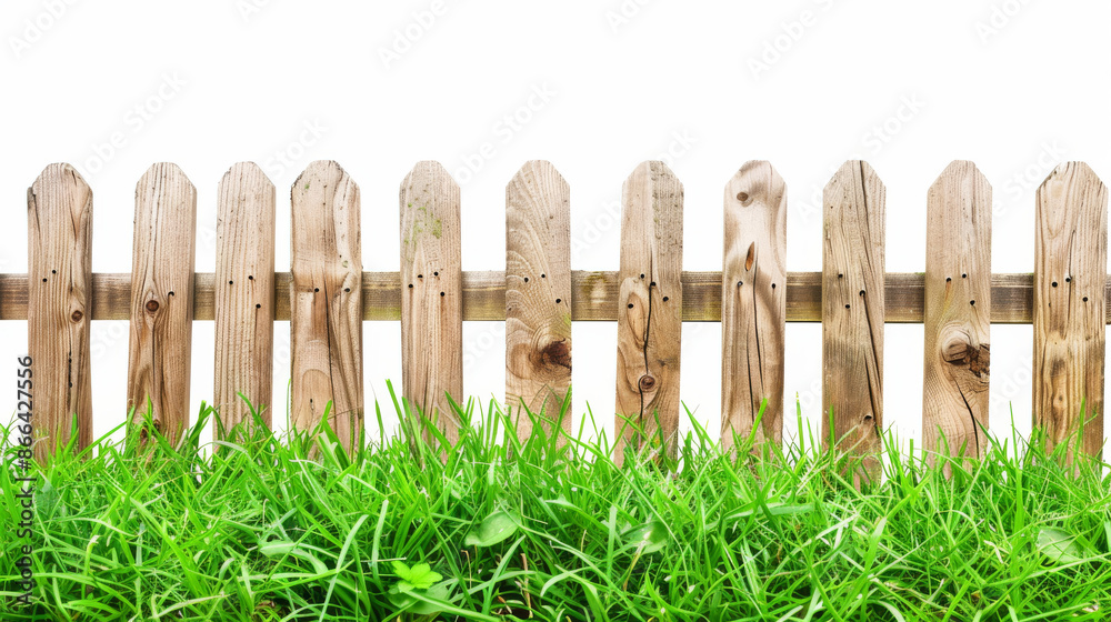 Obraz premium Wooden fence and bright green grass against a pure white background, suitable for banner design