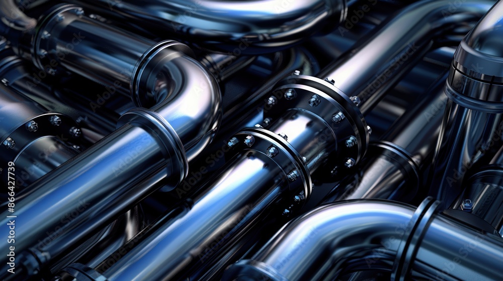 Close-up of shiny, interconnected metal pipes with bolts, showcasing a complex industrial network. Close-up of shiny, interconnected metal pipes with bolts, showcasing a complex industrial network.