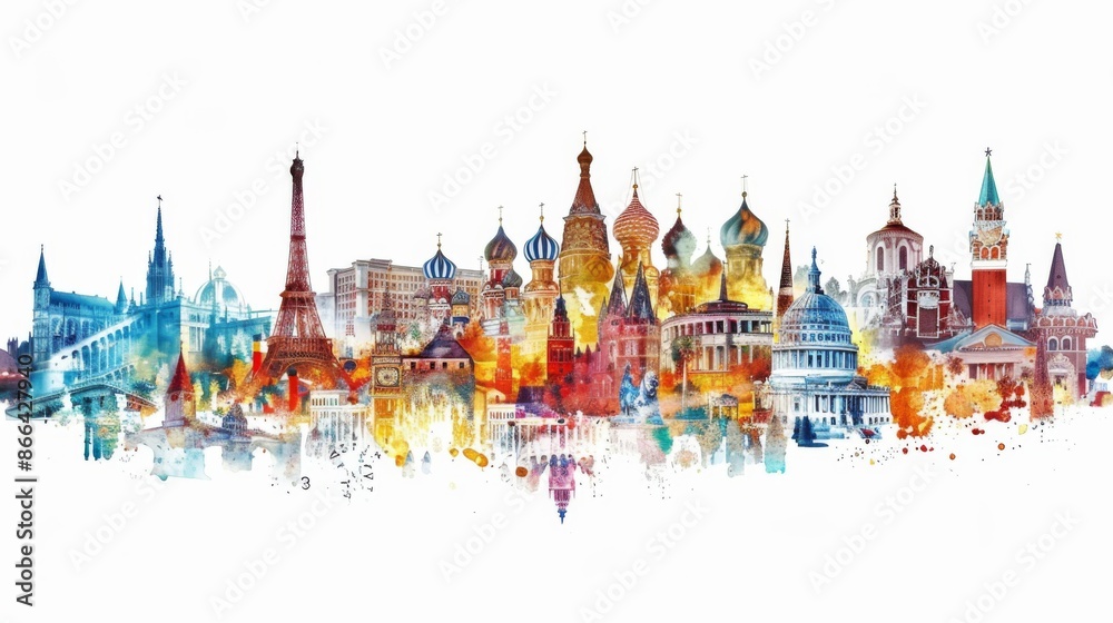 Obraz premium A colorful and abstract illustration featuring globally renowned landmarks like the Eiffel Tower and St. Basil's Cathedral, symbolizing vibrancy and cultural diversity.