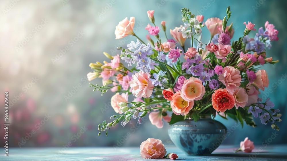 Colorful bouquet of spring flowers in a blue vase on a table, with soft lighting. Concept of beauty, nature, joy, and happiness. Colorful bouquet of spring flowers in a blue vase on a table, with soft lighting. Concept of beauty, nature, joy, and happiness.