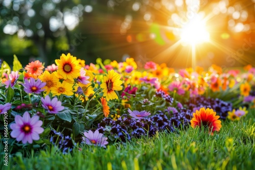 Colorful and vibrant flower bed with various blooms creating a lively and cheerful garden scene