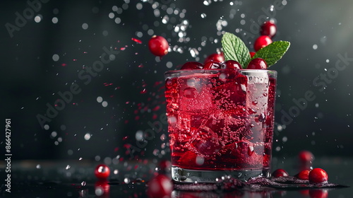 Tart cranberry juice with a splash of soda water and fresh cranberries for garnish.