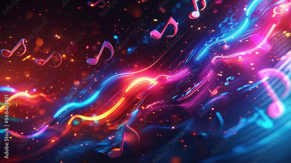 Vibrant Music Notes in Electric Neon Light Waves Nightscape Vibrant Music Notes in Electric Neon Light Waves Nightscape