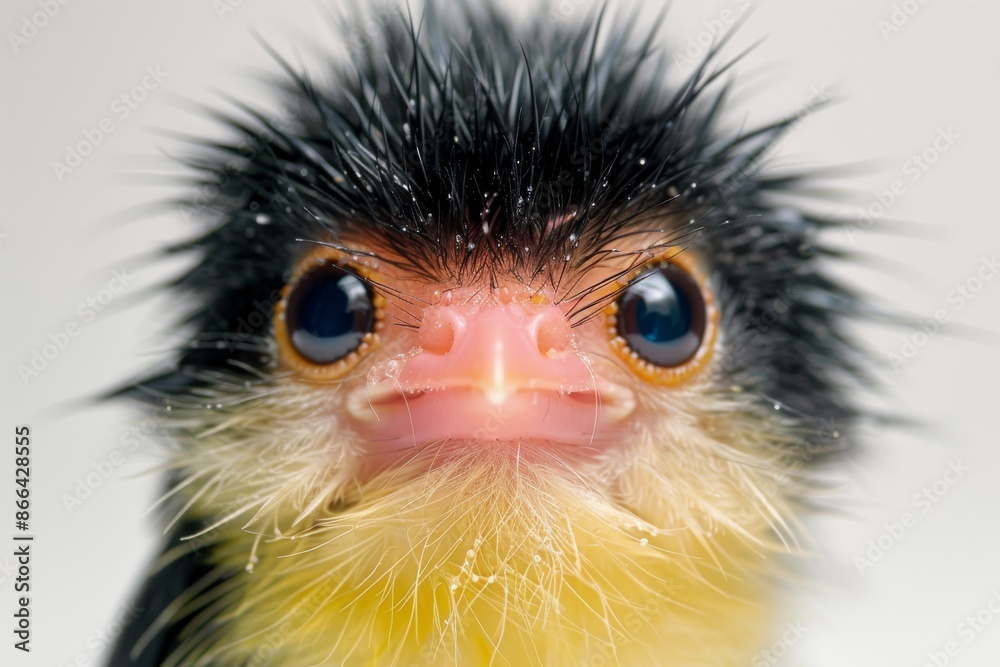 Close up of a chick with wet feathers capturing its curious and delicate nature in high detail Close up of a chick with wet feathers capturing its curious and delicate nature in high detail