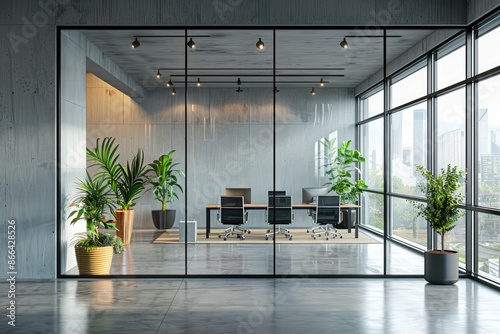 Sleek, modern office interior with glass partitions, plants, and contemporary furniture. photo