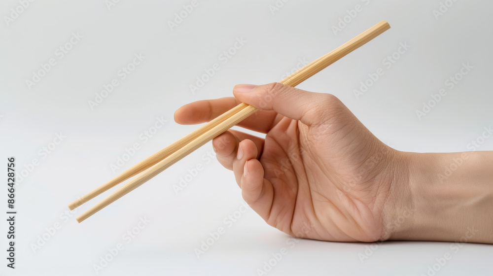 A person's hand grasps bamboo chopsticks on a white background. A person's hand grasps bamboo chopsticks on a white background.