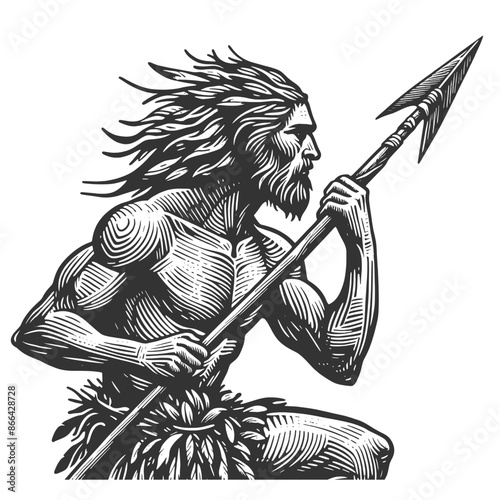 prehistoric caveman holding a spear, showcasing primitive human life and ancient survival tools sketch engraving generative ai vector illustration. Scratch board imitation. Black and white image.