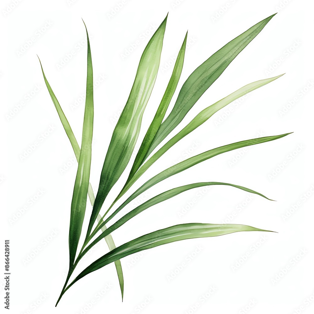 A watercolor illustration of long, narrow pandan leaves. A watercolor illustration of long, narrow pandan leaves.