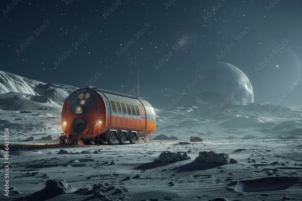 Artistic concept of a modern train traveling across the barren landscape of a moon with planets in the sky Artistic concept of a modern train traveling across the barren landscape of a moon with planets in the sky