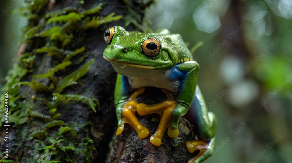 Fototapeta premium Vibrant green frog with yellow webbed feet perching on a tree trunk amidst lush green foliage, capturing a natural forest habitat in vivid detail.