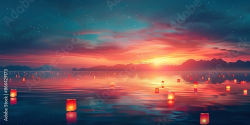 Lanterns Floating on a Serene Sunset-Lit Ocean Under a Starry Sky