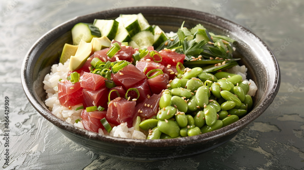 Tuna poke bowl with cubed raw tuna, avocado, cucumber, edamame, and rice. Tuna poke bowl with cubed raw tuna, avocado, cucumber, edamame, and rice.