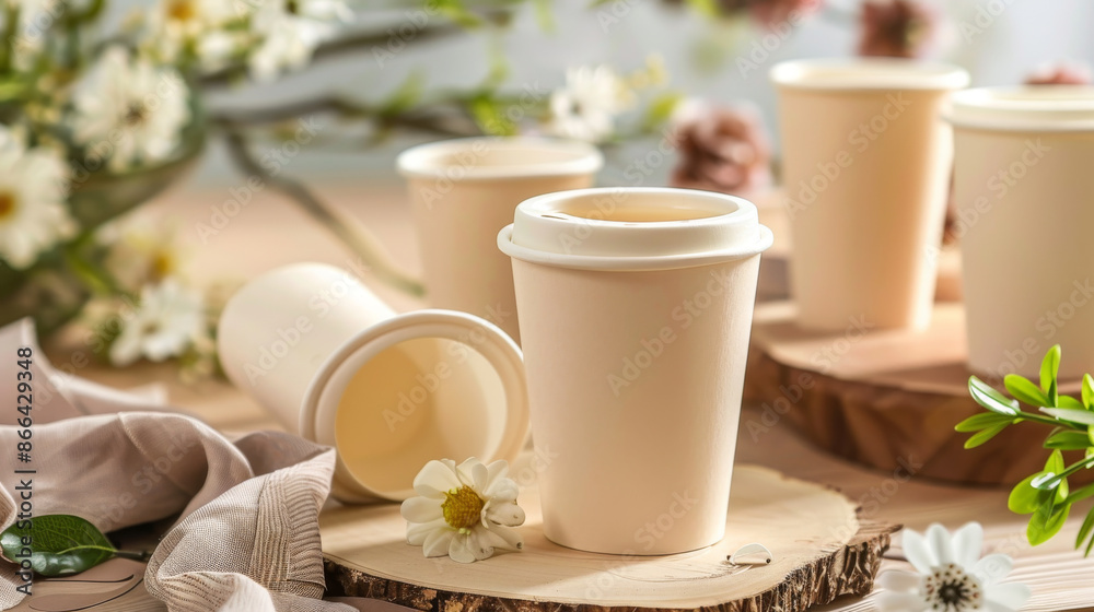 Biodegradable paper cups with a design are available in a beige color. Biodegradable paper cups with a design are available in a beige color.