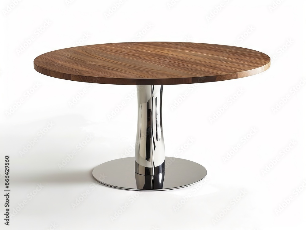 A round table with a wooden top and chrome base. A round table with a wooden top and chrome base.