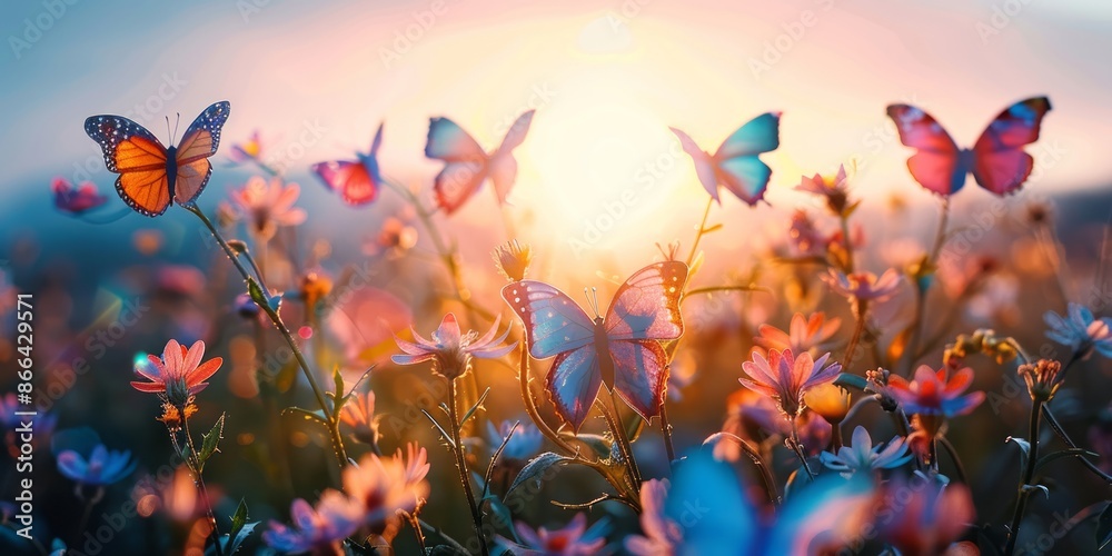 Brilliant Butterflies Fluttering at Sunset in a Vibrant Meadow of Blossoming Flowers Brilliant Butterflies Fluttering at Sunset in a Vibrant Meadow of Blossoming Flowers