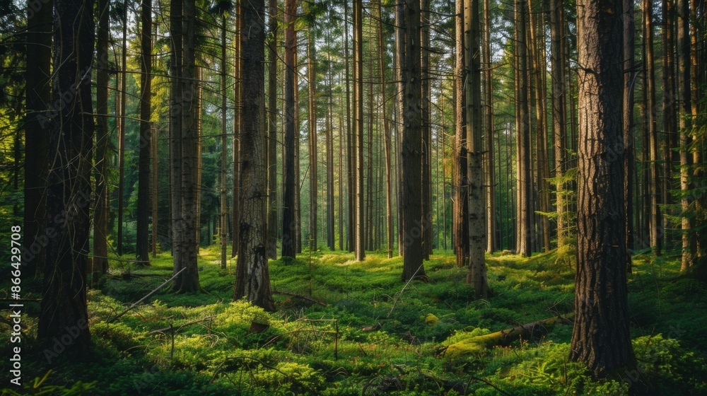 Bright and vibrant forest scene featuring tall, slender trees surrounded by lush green vegetation, illuminated warmly by sunlight creating an inviting and serene atmosphere. Bright and vibrant forest scene featuring tall, slender trees surrounded by lush green vegetation, illuminated warmly by sunlight creating an inviting and serene atmosphere.