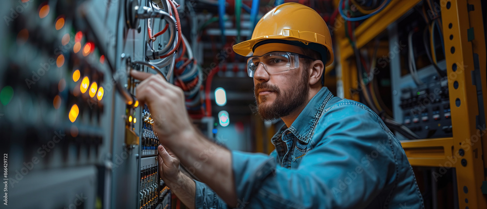 An engineer in a hard hat and safety glasses carefully works on a complex system within a modern data center An engineer in a hard hat and safety glasses carefully works on a complex system within a modern data center