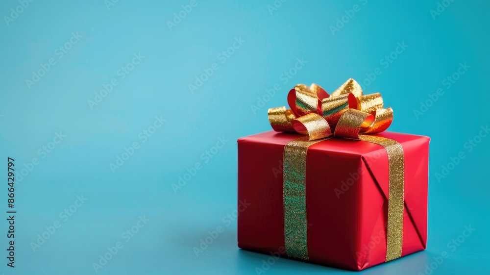 Fototapeta premium Red gift box with gold ribbon and bow against blue background