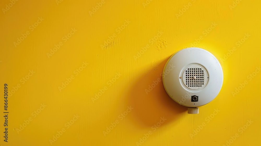 White smoke detector mounted on bright yellow wall White smoke detector mounted on bright yellow wall