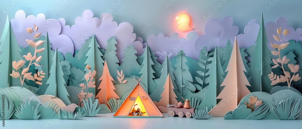Whimsical paper art scene of a camping tent amidst serene forest trees under a night sky with glowing moon and soothing stars. Whimsical paper art scene of a camping tent amidst serene forest trees under a night sky with glowing moon and soothing stars.