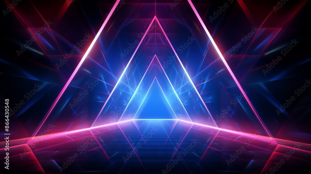 The image portrays a pyramid-like neon structure with reflections, embedded in a futuristic ambiance featuring bright pink and blue neon lights reflecting on surfaces. The image portrays a pyramid-like neon structure with reflections, embedded in a futuristic ambiance featuring bright pink and blue neon lights reflecting on surfaces.