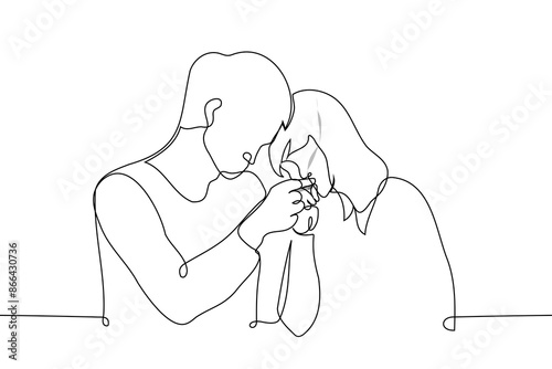 a man gives a light from his cigarette to a woman - one line art vector. concept lighting a cigarette, smoking