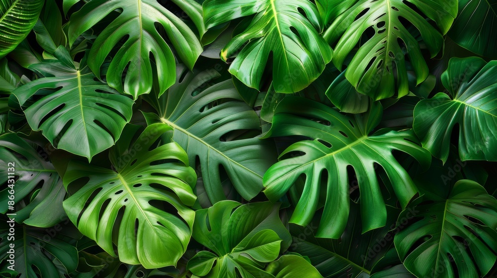 An extensive collection of lush green Monstera leaves, characterized by their iconic split and fenestrated structures, evoking a tropical and fresh ambiance. An extensive collection of lush green Monstera leaves, characterized by their iconic split and fenestrated structures, evoking a tropical and fresh ambiance.
