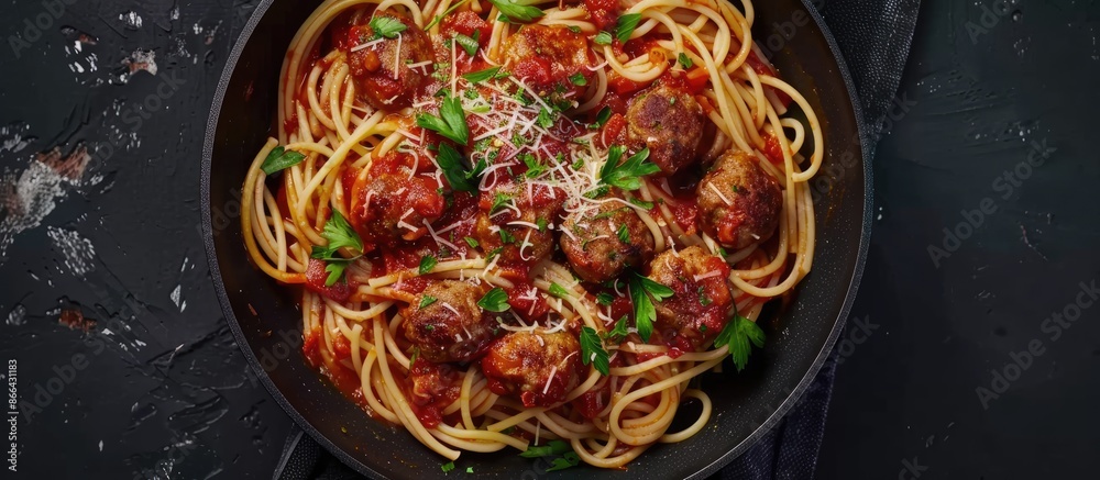 Spaghetti with meatballs in tomato sauce and parsley in a frying pan on a dark table from above Spaghetti with meatballs in tomato sauce and parsley in a frying pan on a dark table from above
