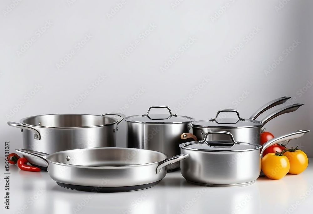 steel cookware and pan on white background, copy space for text, ad shot. steel cookware and pan on white background, copy space for text, ad shot.