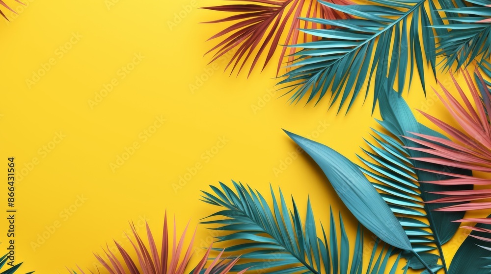 A vibrant display of different colored tropical palm leaves arranged artistically on a bold yellow background, capturing the essence of tropical beauty and vibrant life. A vibrant display of different colored tropical palm leaves arranged artistically on a bold yellow background, capturing the essence of tropical beauty and vibrant life.