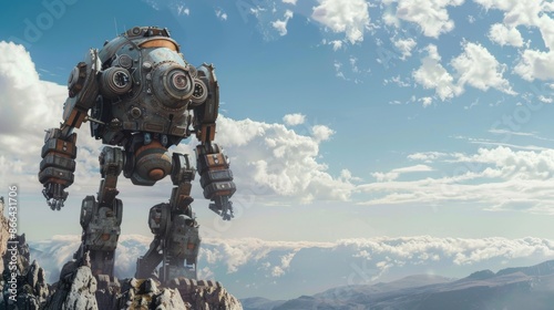 Steampunk humanoid giant robot against the backdrop of mountains