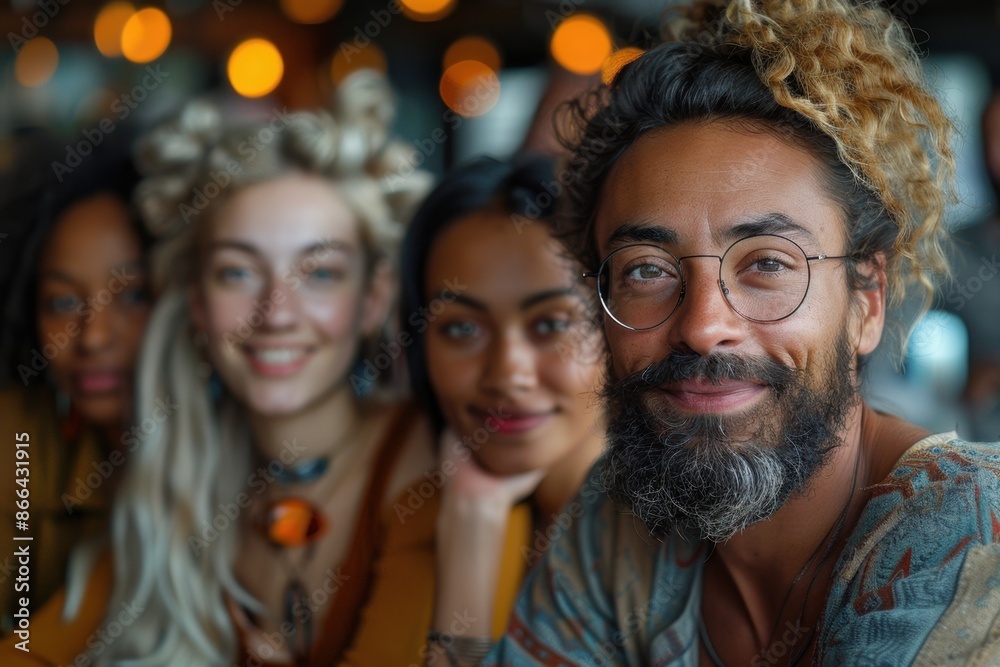 Group of multiethnic people looking at camera. Focus on handsome bearded man with glasses Group of multiethnic people looking at camera. Focus on handsome bearded man with glasses