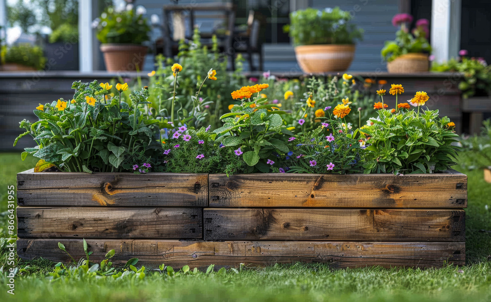 A wooden planter filled with flowers and plants. The flowers are yellow and orange, and the plants are green. A wooden planter filled with flowers and plants. The flowers are yellow and orange, and the plants are green.