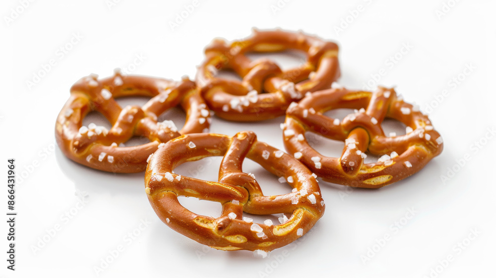 Tiny flat pretzels with salt, shown separately on a white background. Tiny flat pretzels with salt, shown separately on a white background.