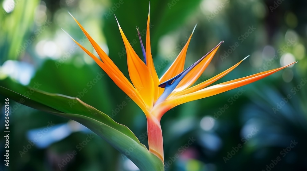 Obraz premium This image shows a close-up view of a striking Bird of Paradise flower, boasting vivid orange and blue petals, surrounded by lush green foliage in a natural setting.