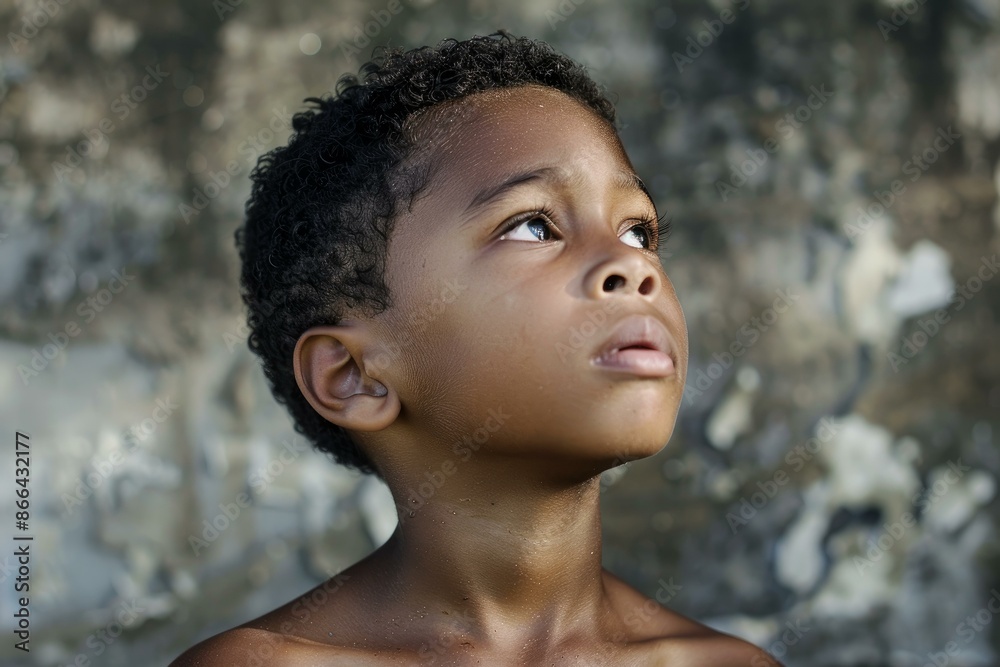 Closeup of a thoughtful young boy looking upwards with a mixture of curiosity and hope Closeup of a thoughtful young boy looking upwards with a mixture of curiosity and hope