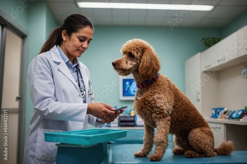 Hispanic veterinarian consults with a woman holding a poodle inside a clinic room